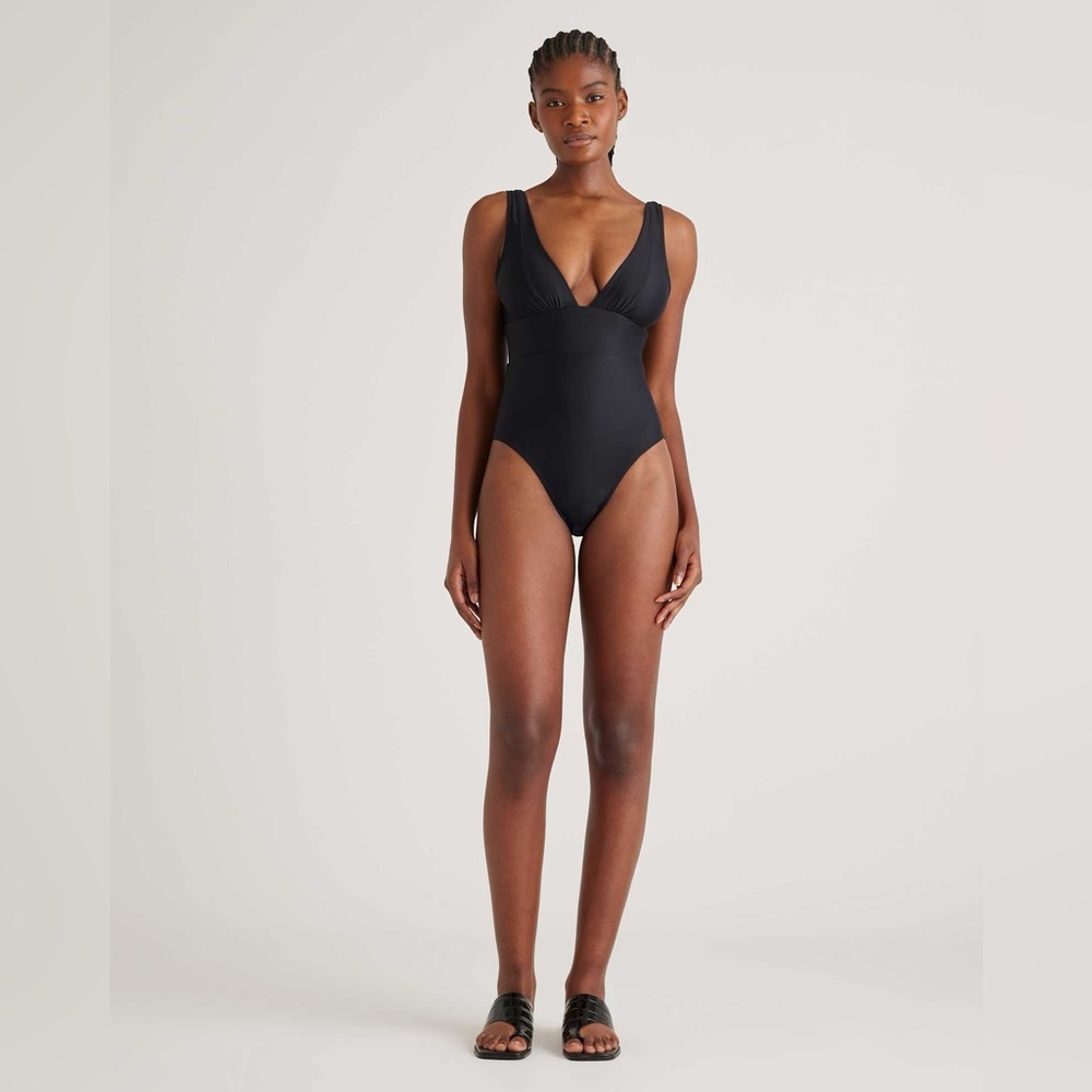 Quince Italian Plunge Neckline Swimsuit One Piece Black NEW